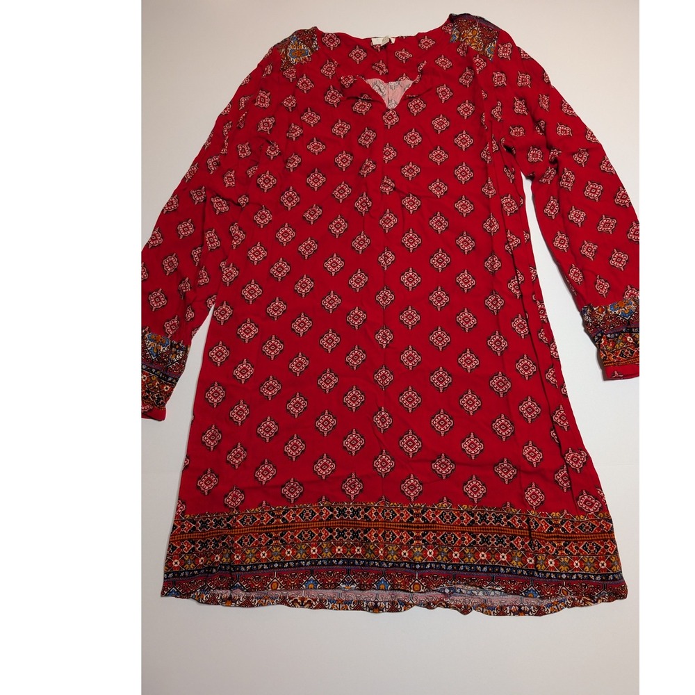Charlotte Russe Red Medallion Print Boho Shift Dress Long Sleeve Womens L‎